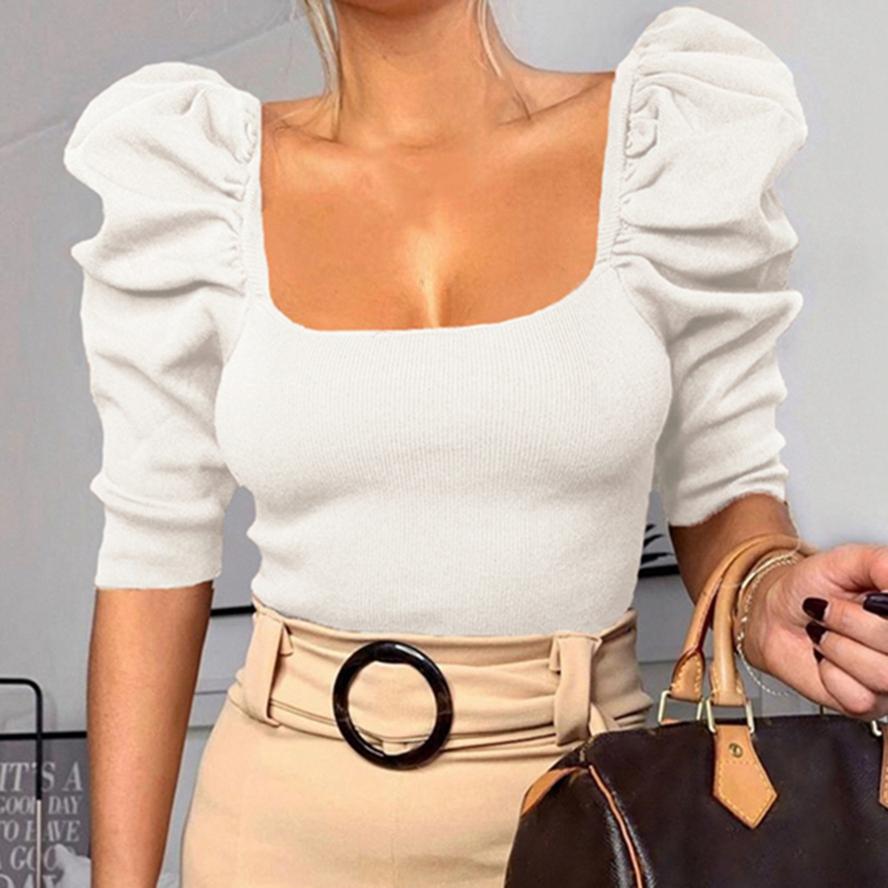 Spring Comfortable Women Unique Design Square Color Solid Color Charming Sense Shirts Puff Sleeve Tops