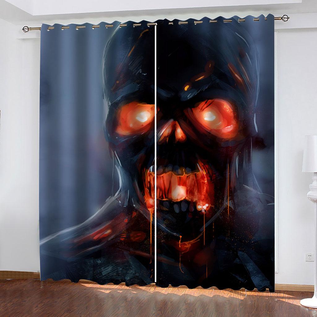 Skull Terror Skeleton Horror Crows Black Boy Window Curtains Drapes for Kids Bedroom Living Room Kitchen Door Home Decor 2Pieces