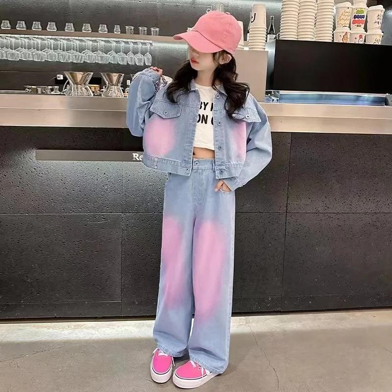 Mädchen Frühling Herbst Set Mode Große Kinder Frühling Kleidung Dopamin-Spray Farbe Denim Zweiteiler Trend