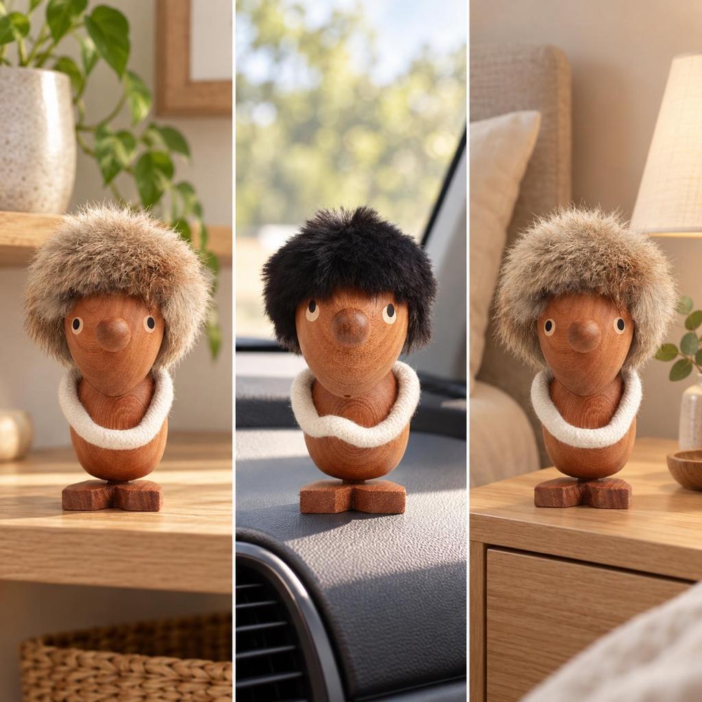 NordicThemed Wooden Figurine Nordic with Faux Fleece Hair Compact Tabletop Display