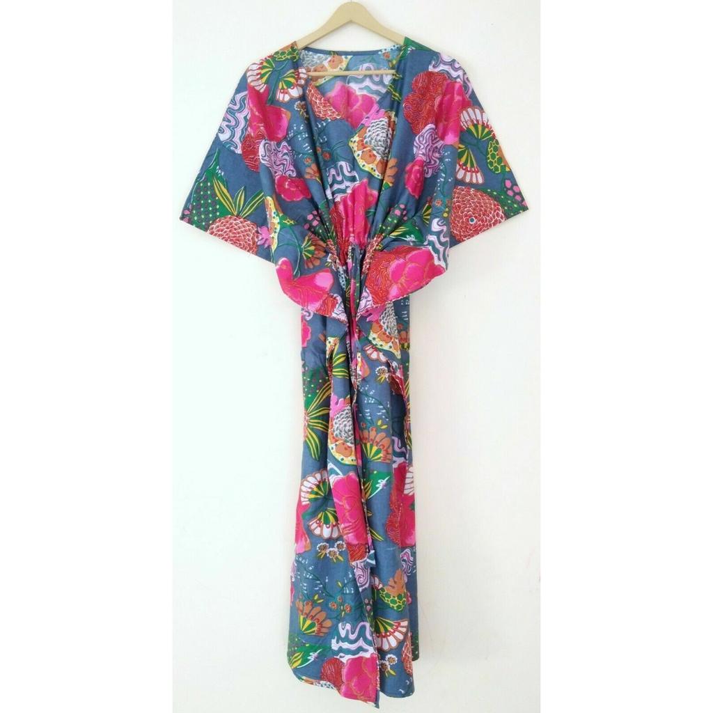 Rochie Caftan Maxi din Bumbac cu Imprimeu Fructe Gri Indian, Mărimi Mari pentru Femei, Acoperire CKFTN-SCRN-FULL-BUYIT-052