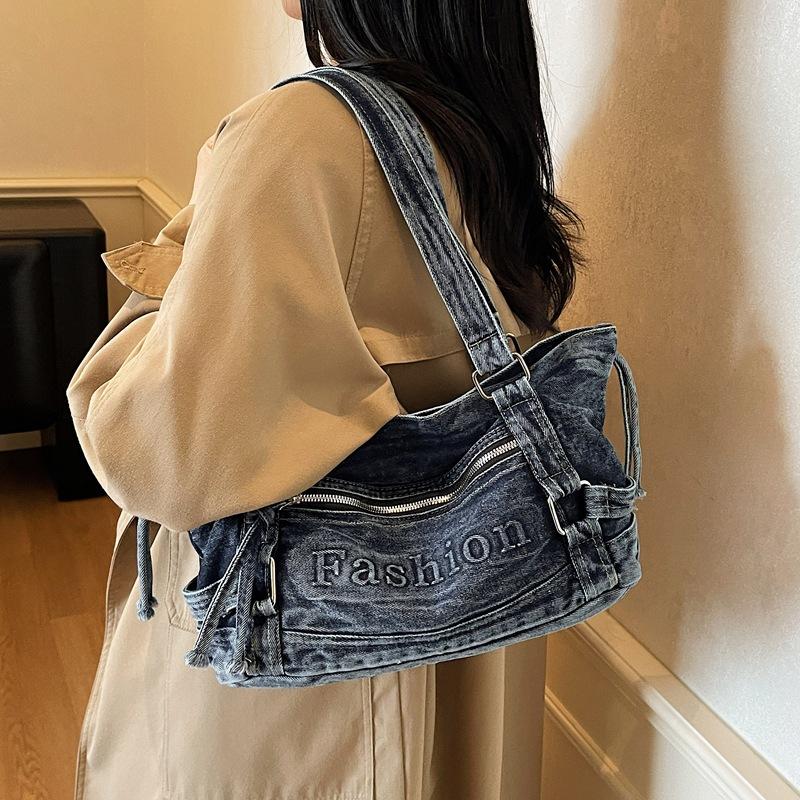 2025 Autumn New Crossbody Denim Bag Korean Tote Bag Vintage Washed Distressed Handbag Portable Shoulder Bag