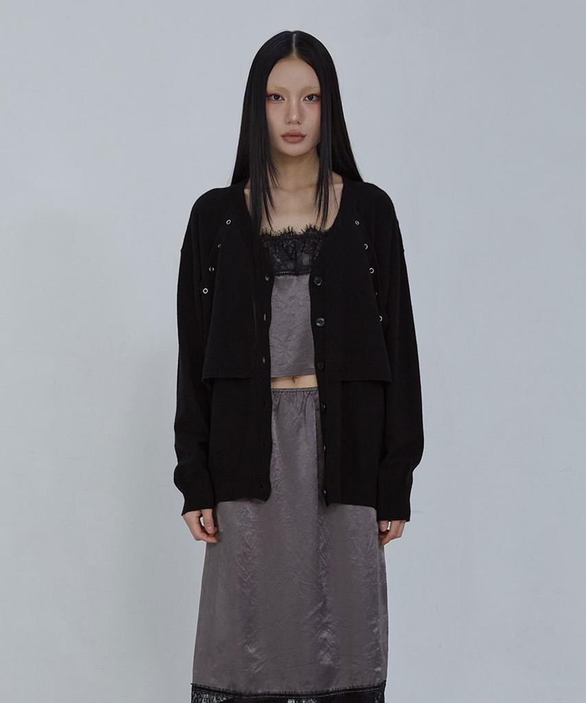 Uusoo Relaxed Eyelet Wool Cardigan_ Black