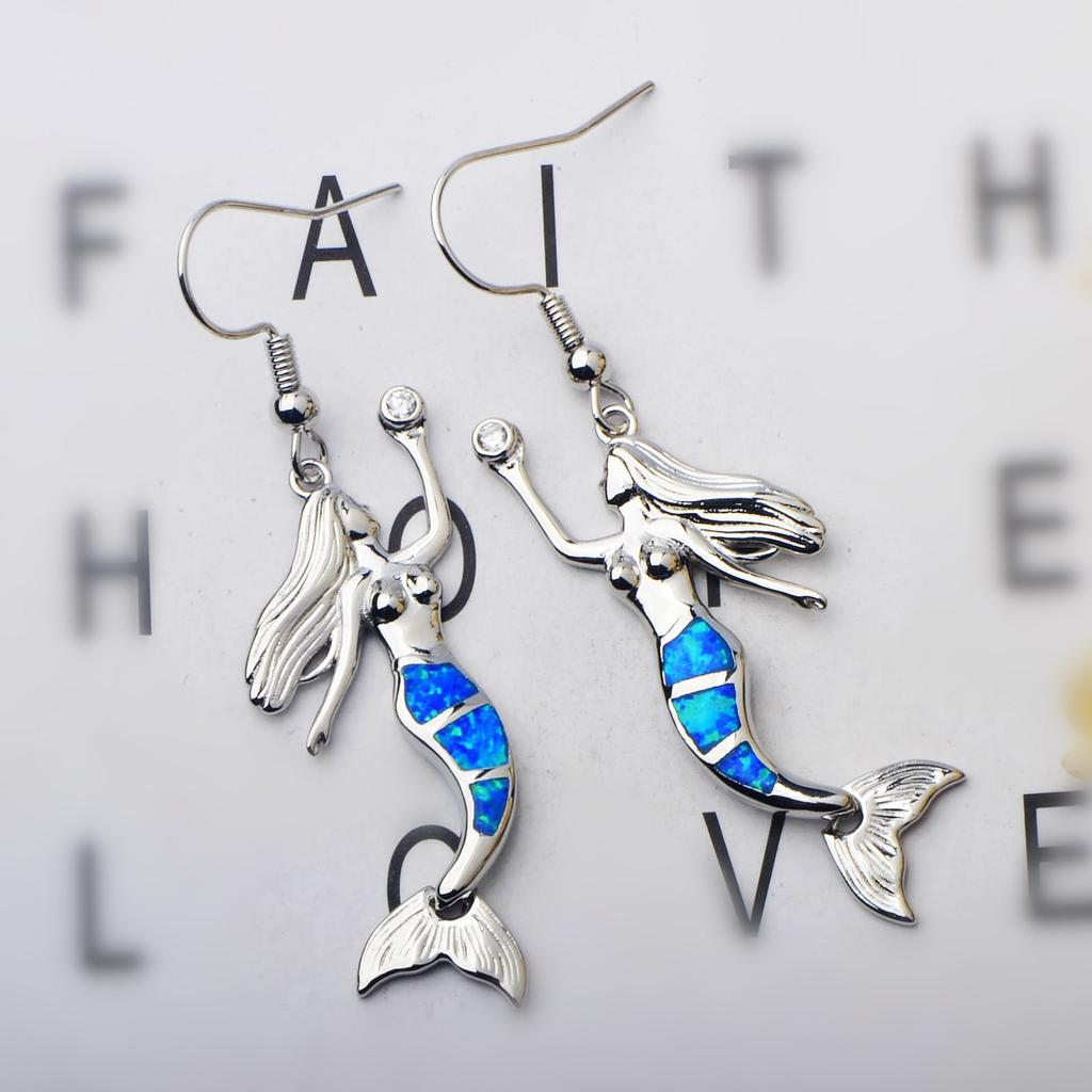 Enchanted Mermaid Opal Drop Earrings - Blue Fire Opal Tail & CZ Accent Design | Fairy-Tale Ocean Jewelry Bulk Gifts