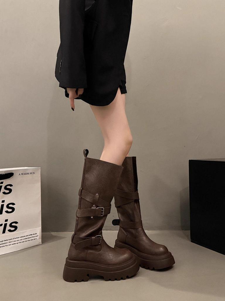 Small Over-the-Knee Height-Increasing Retro Boots with Buckle, Versatile for Autumn, In Stock
