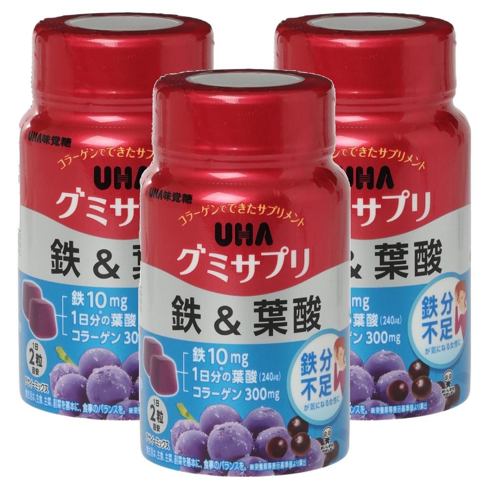 Gommosa Jelly Giapponese UHA Mikakudo: Delizioso, Ferro e Acido Folico per Tutta la Famiglia e i Bambini in Crescita (Fornitura per 30 giorni, 3 pezzi, 60 compresse)
