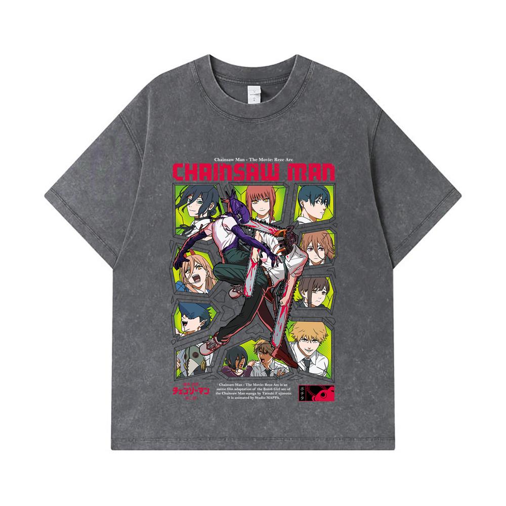 275 GSM Washed T-shirts 100% Cotton Chainsaw Man V17 Reze Arc Print Unisex Heavy Cotton T Shirt