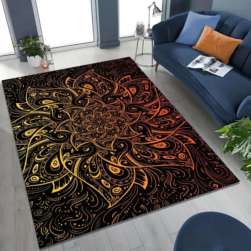 Bohemian Luxurious Black Gold Carpet 2D Floral Three-dimensional Printed Carpet Ethnic Style Anti-slip Mat Yoga Meditation Mat