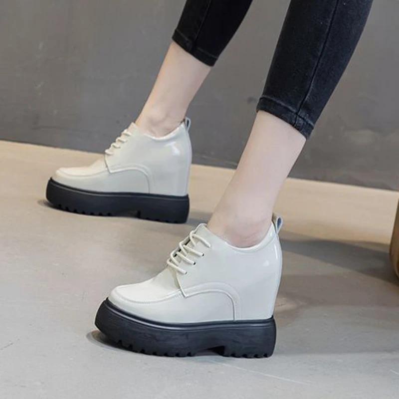 Fashion 11CM High Heels Pu Leather Platform Wedge Sneaker Women Shoes inner heighten Women Pumps Autumn Spring Lace Up Platform Shoes