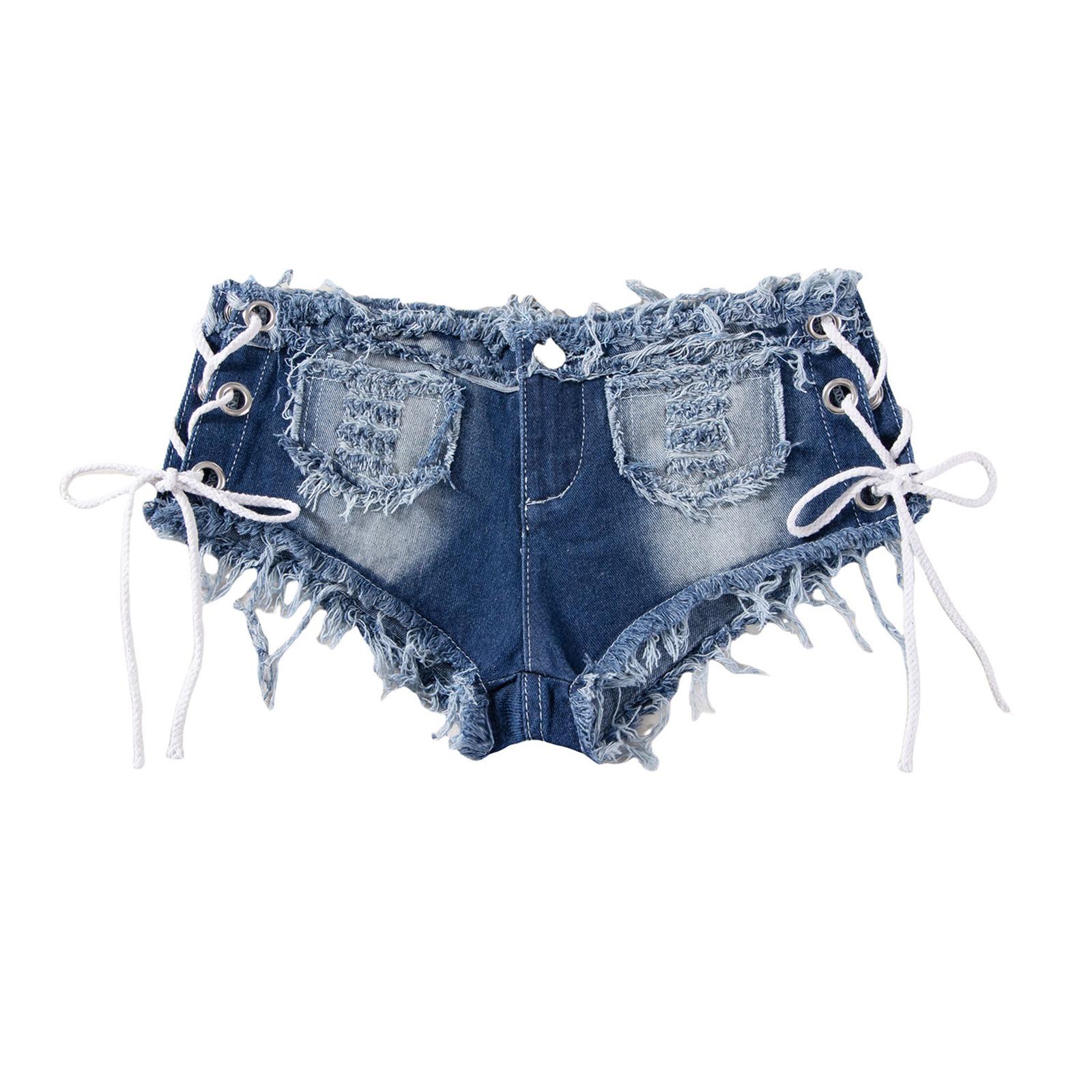 IEFiEL S-XL Heren Lage Taille Extra Kort Ruwe Rand Gescheurde Denim Shorts Zijdelings Vetersluiting Billen Jeans voor Rave Feest Clubkleding L blauw