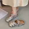 Fashion Spring New Baotou Slippers Square Head Shallow Mouth Braided with Glitter Soft Sole Anti-slip Wear-resistant Flat Shoes