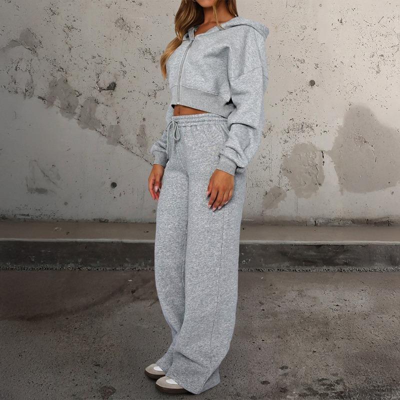 Women's 2 Piece Outfit Crop Zip Up Hoodie Wide Leg Sweatpants Set