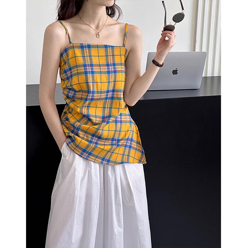 2024 Summer Orange Retro Color Block Plaid Irregular Camisole Sleeveless Top