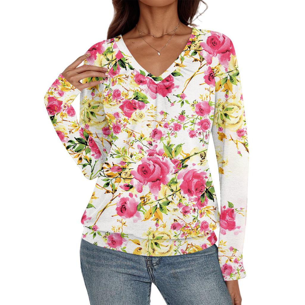 Women's Casual Fashion V-Neck Raglan Pleated Floral Print Long Sleeve Top