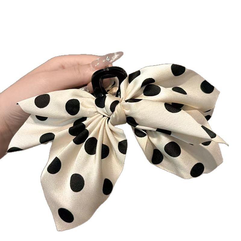 French Polka Dot Bow Hair Clip - Retro Shark Claw with Luxury Feel