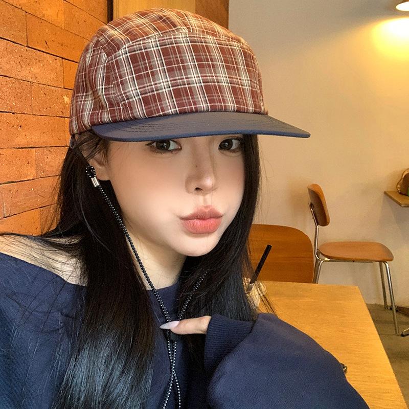 Freedom Outdoors Women's Light Retrogrids Pattern Flat Brim Baseball Cap Japanese Styleeasiest For Match Face Small And Breathable Outdoor Peaked Cap Men 50-54Cm