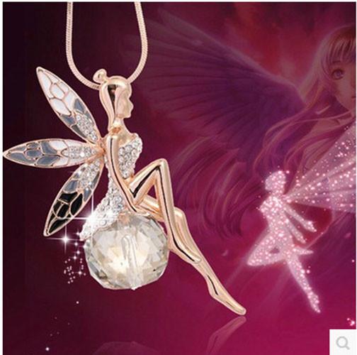 Wing Angel Necklacecrystal Encrusted Sweater Chain Drop Pendant Gift Jewelry