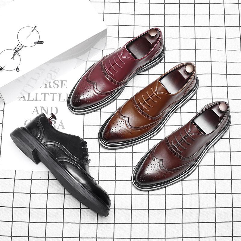 Mu Huisen Autumn Korean Version Pointed Business Men's Shoes British Block Engraved Casual Lace-up Work Shoes ZY4019