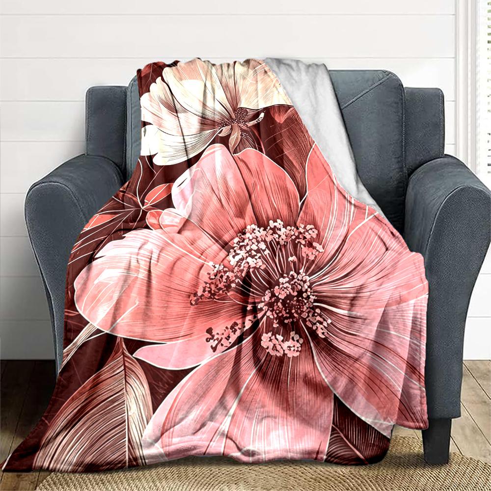 1Pc Floral Romance Pink White Blanket Soft And Comfortable Casual Warm Camping Travel Christmas Halloween Xmas Gift M9247