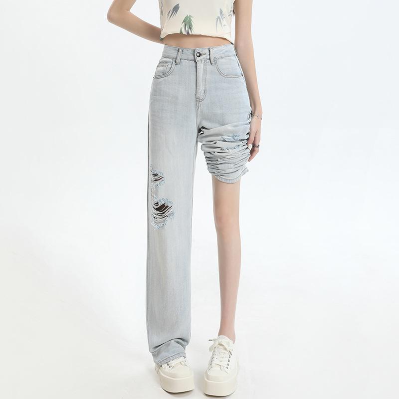 Summer Lyocell Tencel Narrow Wide Leg Tummy Control High Waist Soft Drape Slim Denim Pants Ladies Casual Pants Oversize Denim Trousers