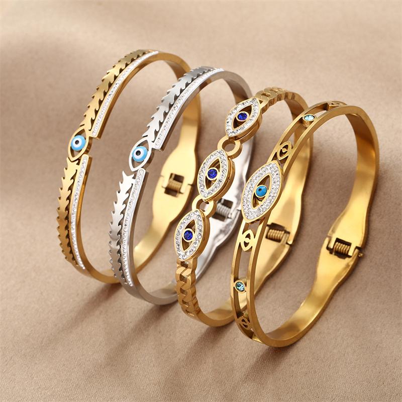 Stainless Steel Turkish Lucky Evil Eyes Open Bracelet For Women Gold Plated Crystal Zircon Open Bangle Party Waterproof Jewelry