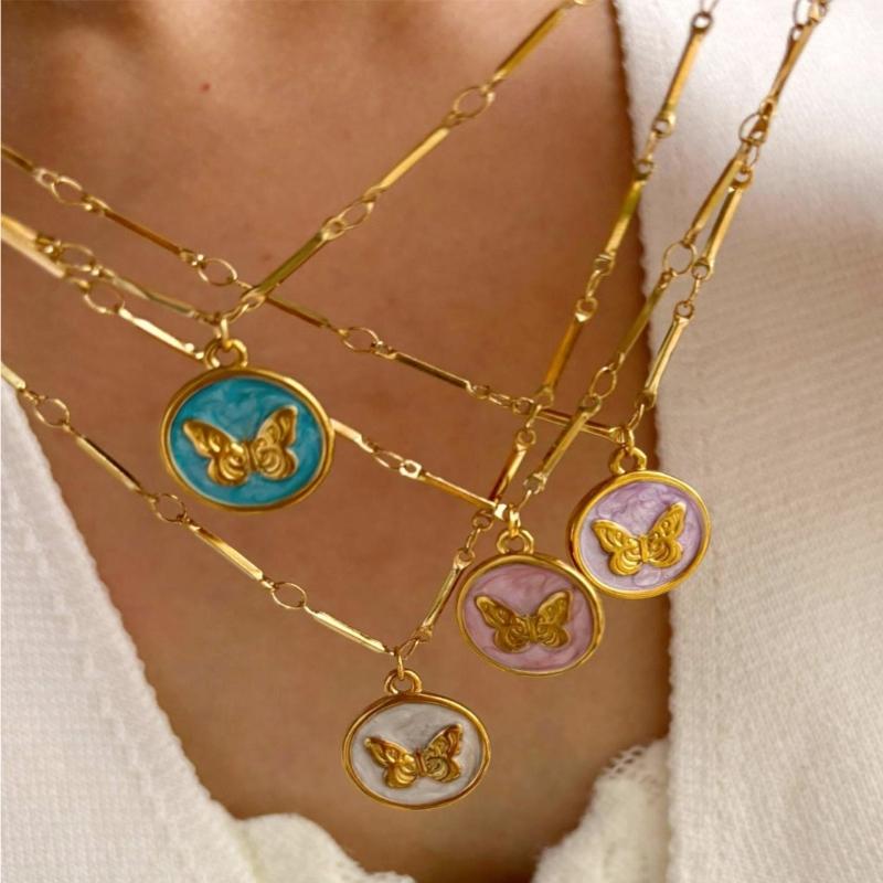 Stainless Steel Butterfly Necklace Colorful Enamel Detailing Dainty Chain for Everyday Wear or Special Occasions