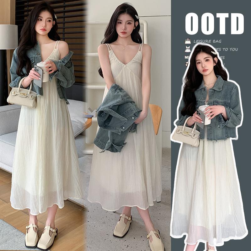 2026 Spring/Summer Maternity Slim Pleated Dress & Denim Jacket Set XXXXL
