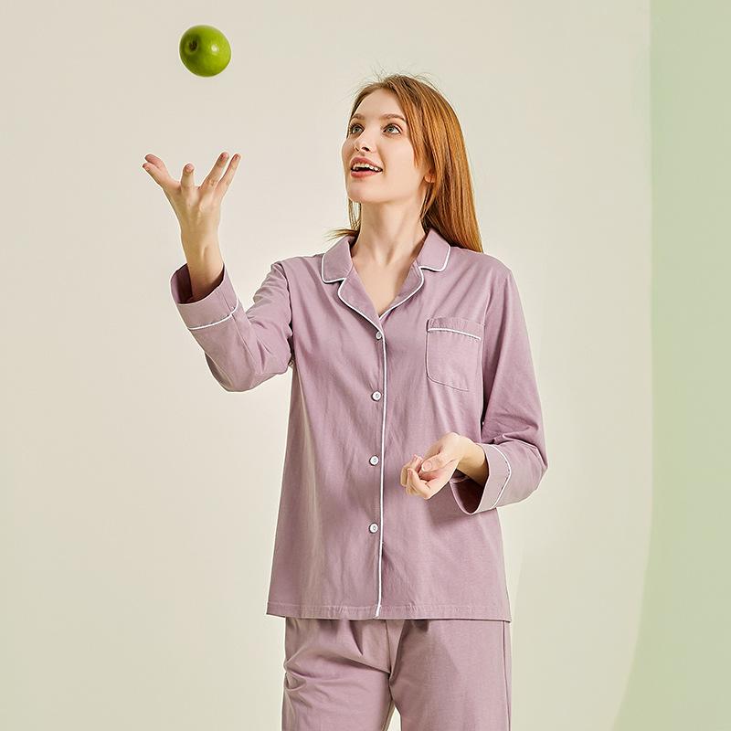 Baumwolle Damen Pyjama Set Herbst Langarm Nachtwäsche Hauskleidung Lässig Einfarbig Damen Cardigan Hose Zweiteilige Schlafbekleidung