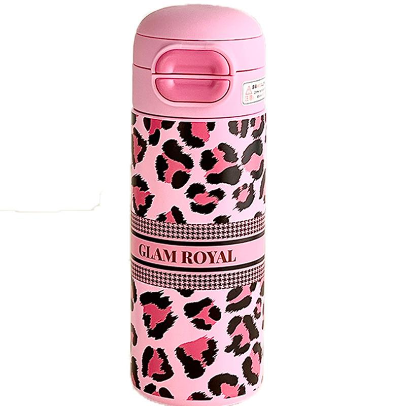 Fashion Leopard Print Double Drink Thermos Cup Girls Trend New Water Cup Portable Portable Stainless Steel Straw Cup Gifts
