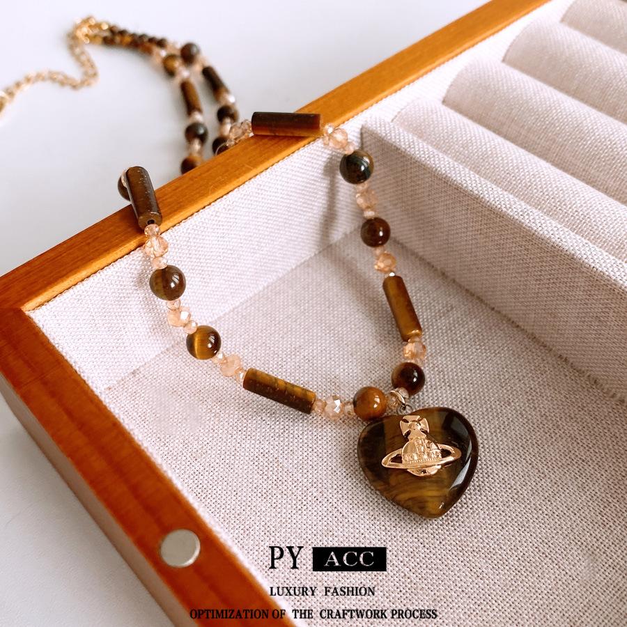 Maillard Wind Tigerauge Stein Perlen Liebesanhänger Halskette Leichter Luxus Premium Pulloverkette Retro Vielseitige Halskette Damen