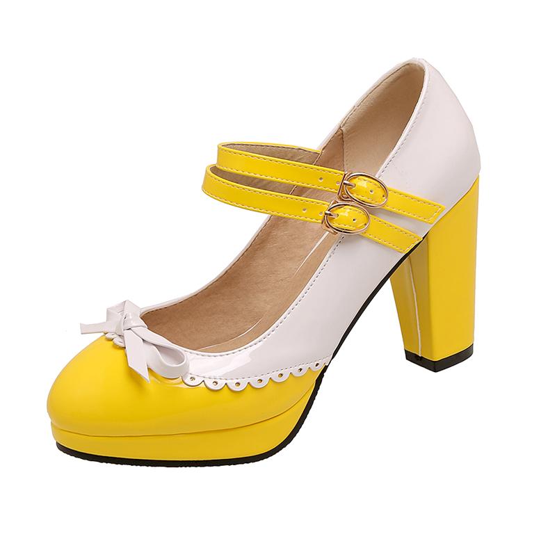 FOREADA Women Mary Janes Pumps Round Toe Glove Shoes Thick High Heels Lolita Buckle Mixed Colors Bow Ladies Fashion Shoes Spring Autumn