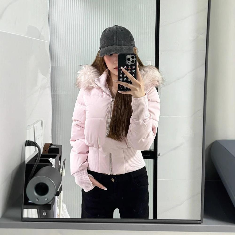 American pink fur collar hooded short cotton coat women's winter new slim fit thickened warm bread clothes cotton coat