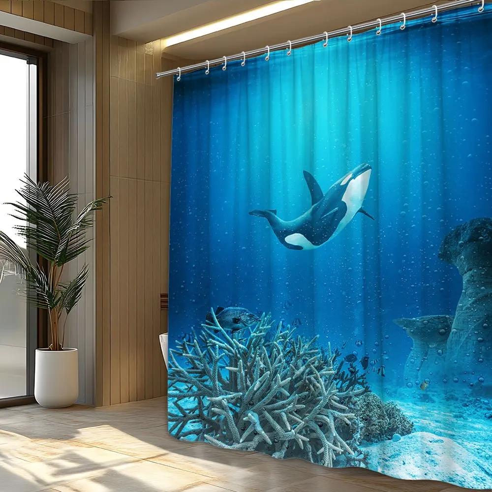 1 Stück Orca Wal Duschvorhang, Polyesterstoff, Maschinenwaschbar, 70. 87x70. 87 Zoll, Design mit Korallenriff im Ozean mit 12 Haken