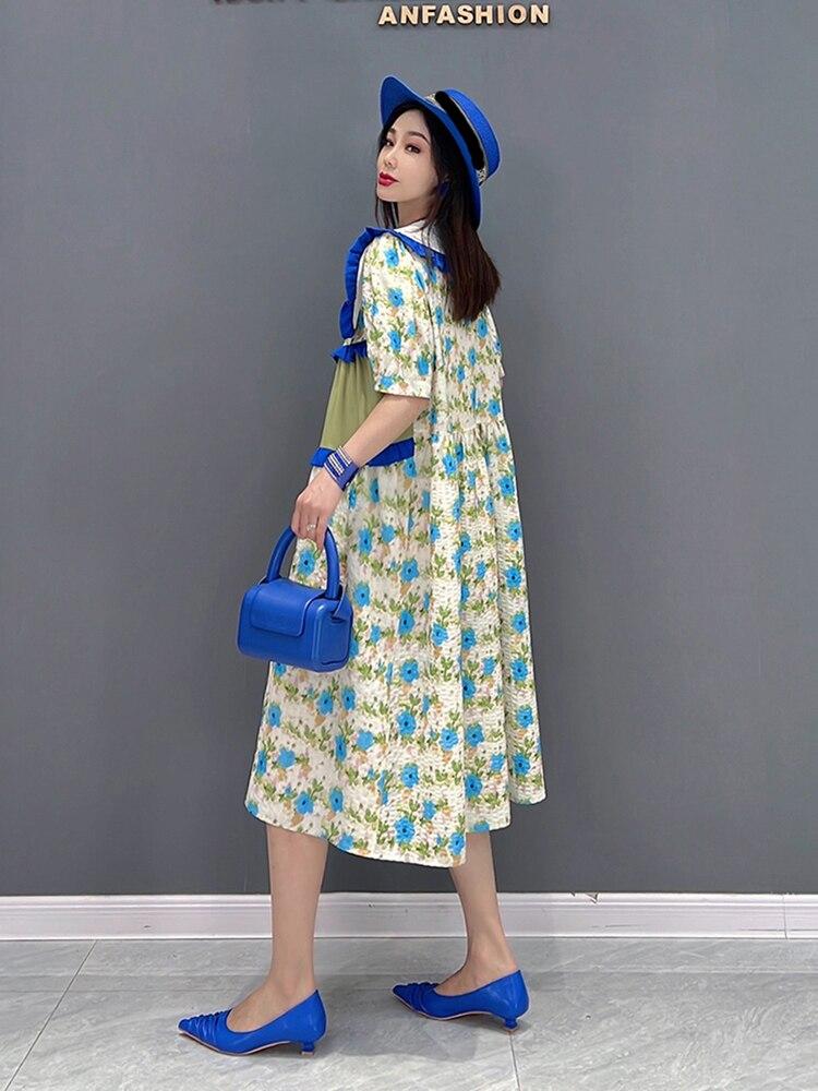 Xitao Francouzské šaty s květinovým potiskem Módní nepravidelné Kontrastní barvy Patchwork s jedlými houbami Stromové ucho Peter Pan límec Dámské ZY7161