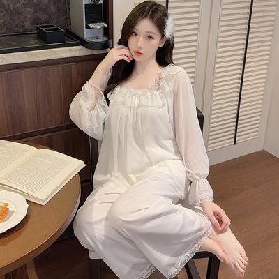 Autumn Long-sleeved Pajamas Women's with Chest Pads, Mesh, Sweet Lace Princess Style Trousers Set, Loungewear