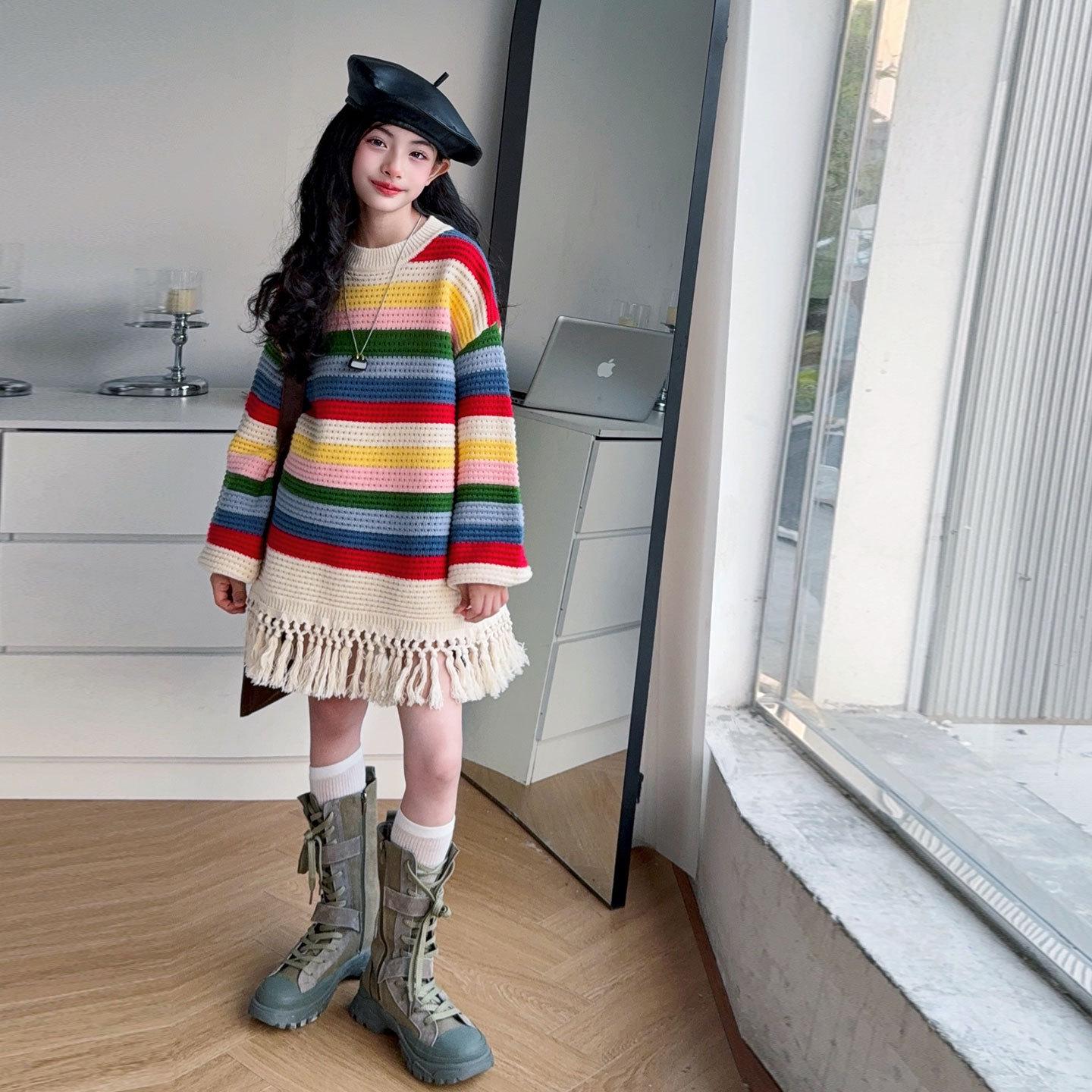 

Радужный полосатый вязаный свитер с кисточками для девочек - Весенне-осенний пуловер средней длины 170 cm