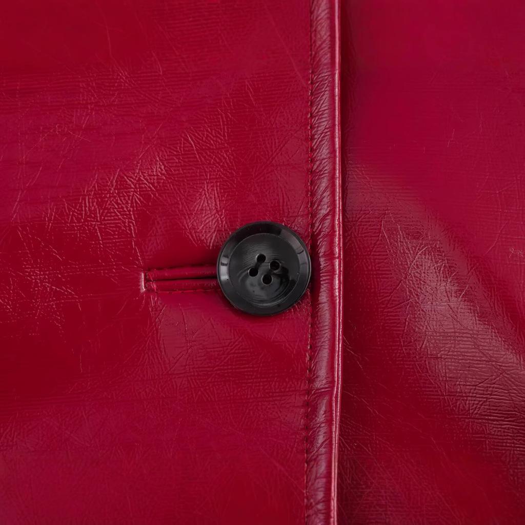 2025 Spring New Women's Fashion Red Bright Leather Long Sleeve Collar Jacket