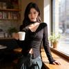 Long Sleeve Spliced Ruffle Flower V Neck T Shirt For Women Spring Slim Fit Top