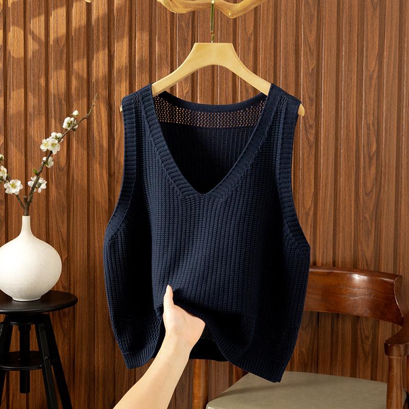 

V-neck Knit Vest for Plus Size Women: Spring/Autumn Loose Hollow-Out Layering Outerwear One Size 130-150 Jin [Fitted] королевский синий