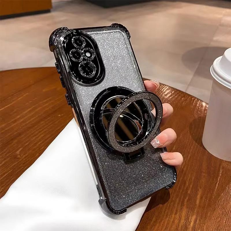 Luxury Mirror Holder Bling Glitter Silicone Phone Case for iPhone 16e 16 15 14 Pro Max Redmi Note 13 12 Pro Samsung S25 S24 Plus A05 A06 A14 A15 A16