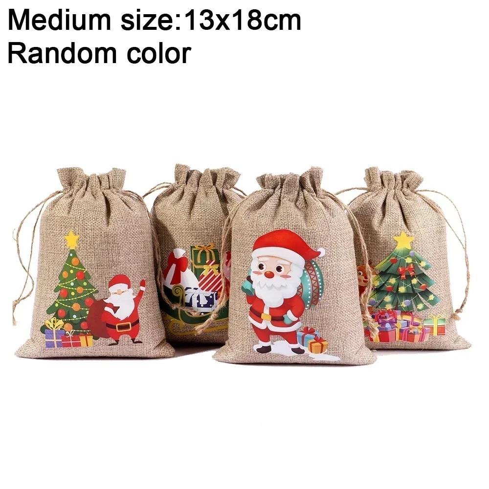 1/30pcs Mini Christmas Drawstring Gift Bags Linen Santa Claus Elk Candy Biscuit Storage Bags Kids New Year Party Packaging Pouch