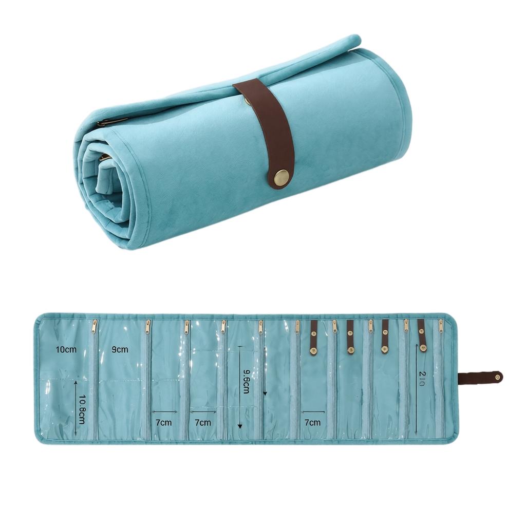 Rotolo Organizzatore Gioielli in Velluto Multistrato Borsa da Viaggio per Gioielli Portatile Porta Collane Orecchini con Tasche con Cerniera e Chiusura a Bottone