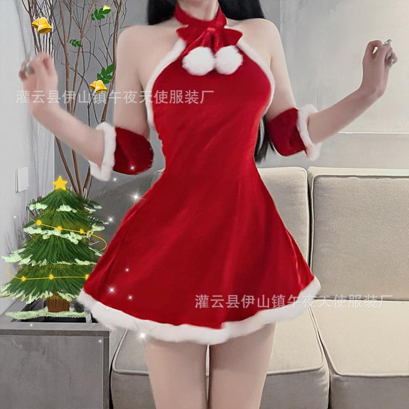 Internet celebrity christmas red plus  sexy dress women autumn and winter sweet plush pure desire skirt uniform 1883