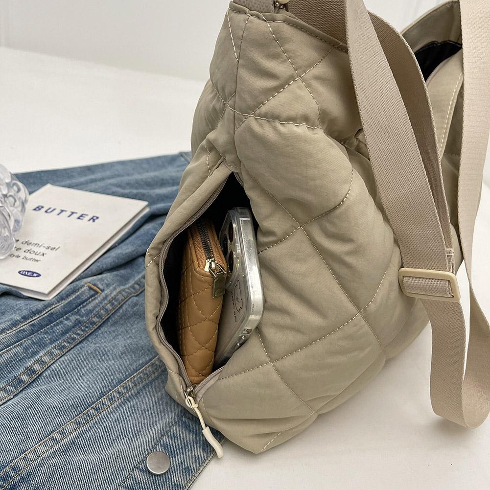 Women Quilted Tote Bag with Pendant Puffy Crossbody Bag Large Capacity Satchel Sling Bag Padded Shoulder Bag Daily Dating Bag