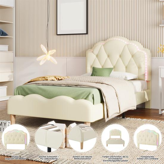 Upholstered Bed Running Light Effect Higher Bed Feet Without Mattress Wavy Headboard Changing LED Strip Sleep Faux Leather Dorm Apartment Single Bed