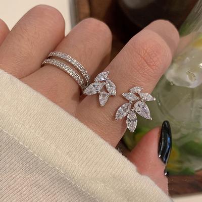 ZAKOL Shiny Cubic Zircon Leaf Flower Open Rings for Women Fashion Clear Marquise Zircon Crystal Finger Ring Party Zircon
