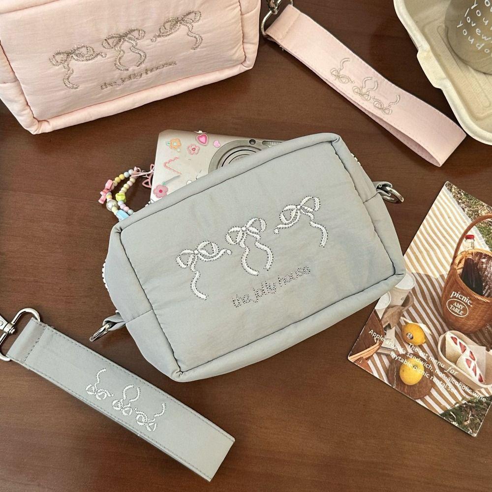 Keychain Zipper Wristlet Wallet With Lanyard Embroidered Bow Makeup Bag Nylon Coin Pocket  Outdoor
