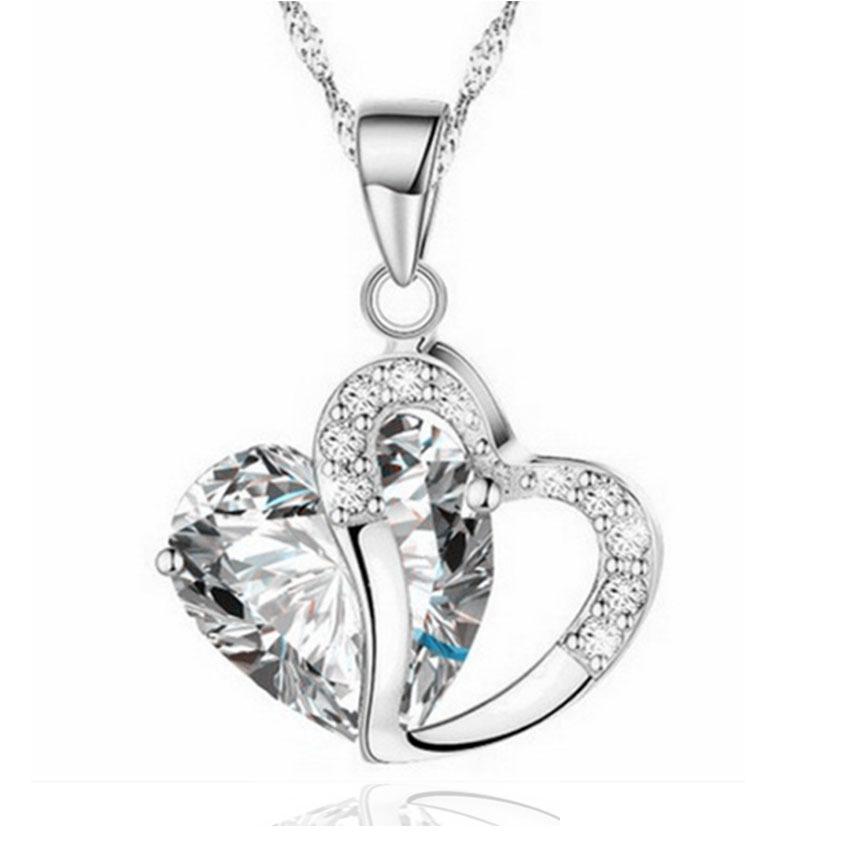 Korean Style Silver Zircon Heart Pendant Necklace with Crystal Clavicle and Sweater Chains