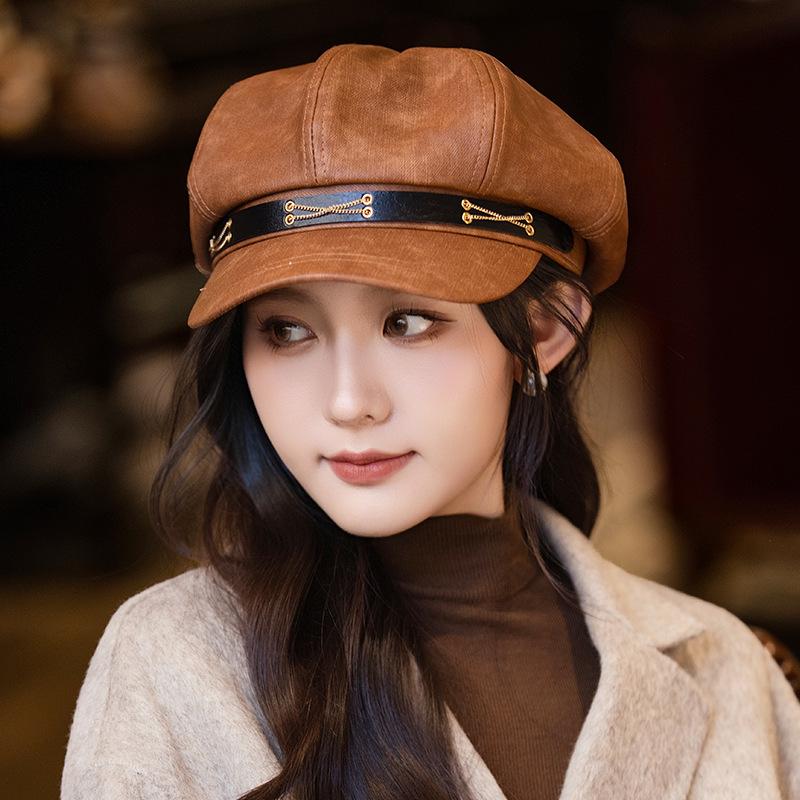 New Autumn and Winter Versatile Chain Octagonal Hat for Women Retro British Style Beret High End Style Windproof Painter Hat Trend