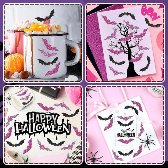 500 Pcs Halloween Bat Sticker Rolls Sparkly Pink Black Bat Decals Reusable Laptop Stickers for Coloring Book Scrapbook Envelope Journal Decor